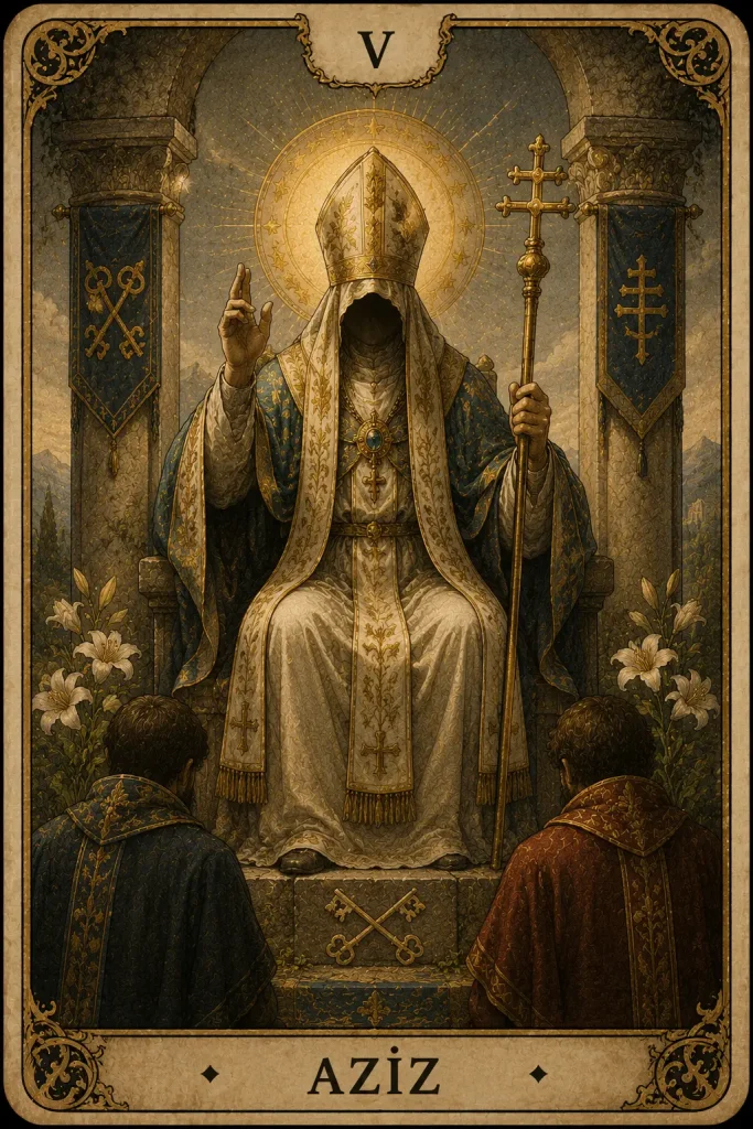 Aziz (The Hierophant) tarot kartı görseli - Büyük Arkana'nın 5 numaralı kartı
