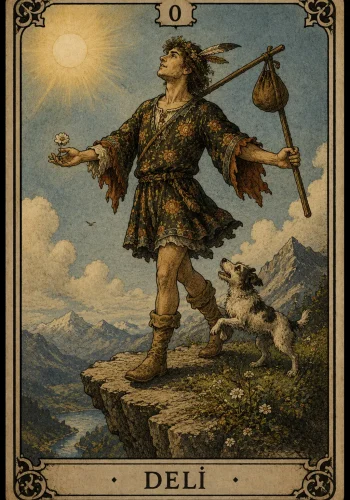 Deli (The Fool) Tarot Kartı - 0 Büyük Arkana kartının anlamını temsil eden özgün tarot görseli