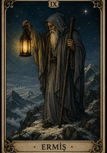Ermiş (The Hermit) tarot kartı görseli - Büyük Arkana'nın 9 numaralı kartı